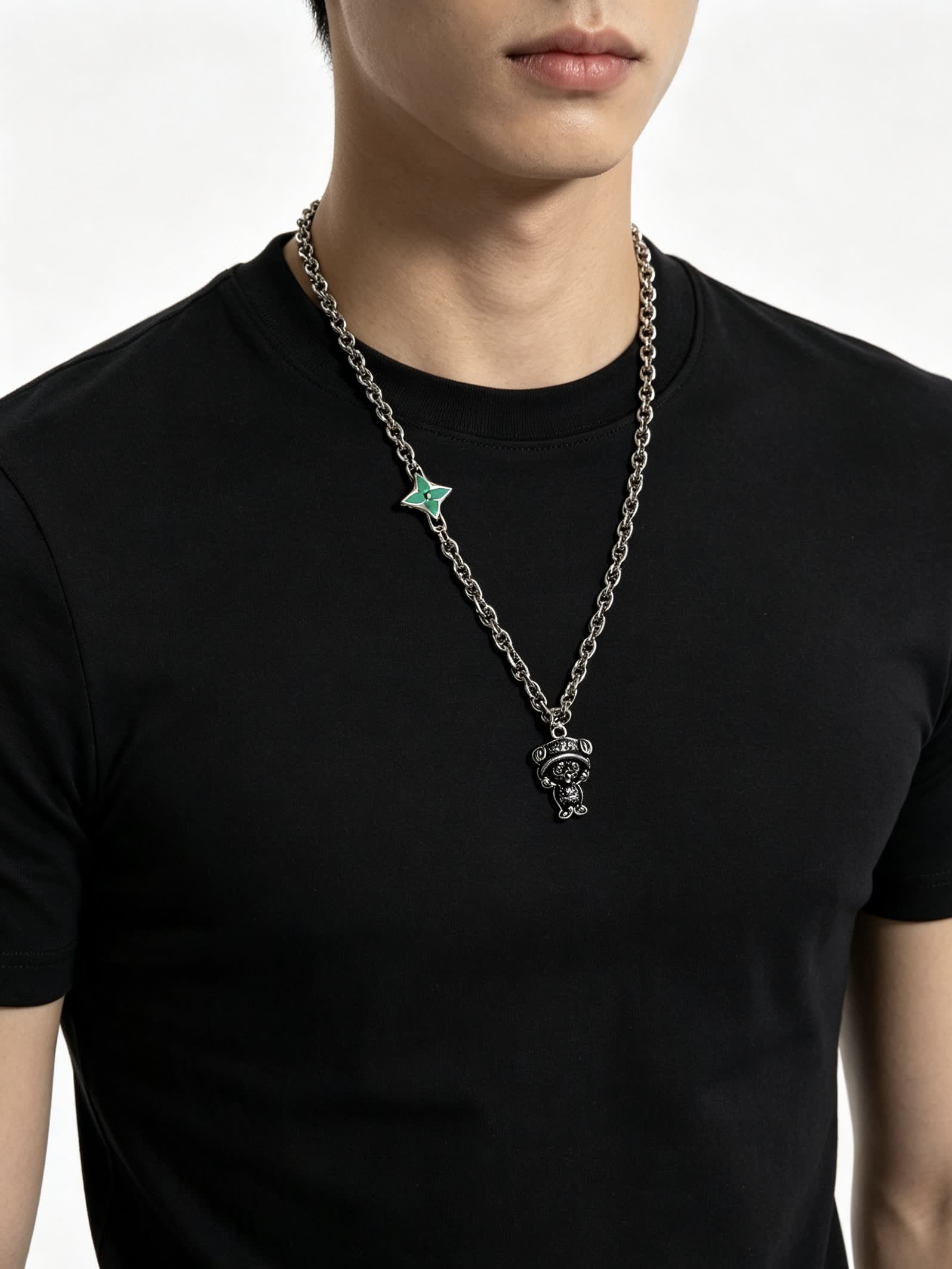 Louis Vuitton Silver Tone Necklace with Green Enamel and Monogram Bear Charm
